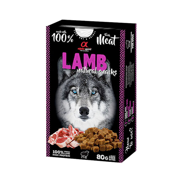 Alpha Spirit Lamb Dog Treats in 85g packaging, natural and high-protein, perfect for all dog breeds and ages.