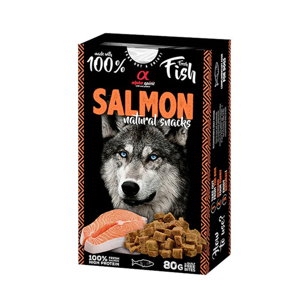 Alpha Spirit Salmon Dog Treats are natural and high-protein, perfect for all dog breeds and ages. They come in 80-g packaging.