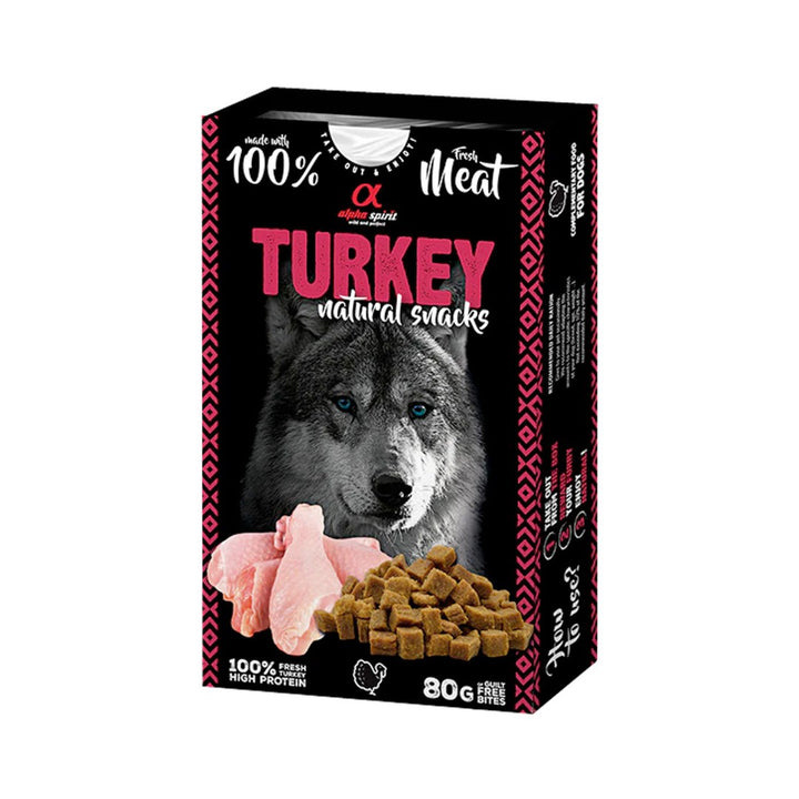 Alpha Spirit Turkey Dog Treats in 80g packaging, natural and high-protein, perfect for all dog breeds and ages.