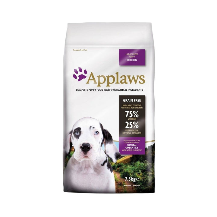 Front view of Applaws Chicken Large Breed Dry Puppy Food bag, highlighting premium grain-free nutrition for growing puppies.