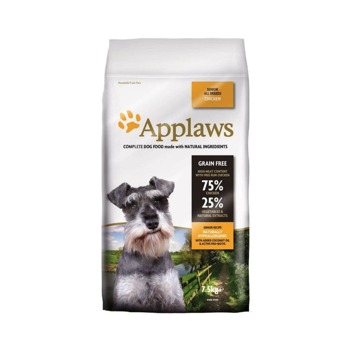 Front view of Applaws Chicken Senior All Breeds Dry Dog Food 7.5kg bag with premium grain-free formula and high protein content.