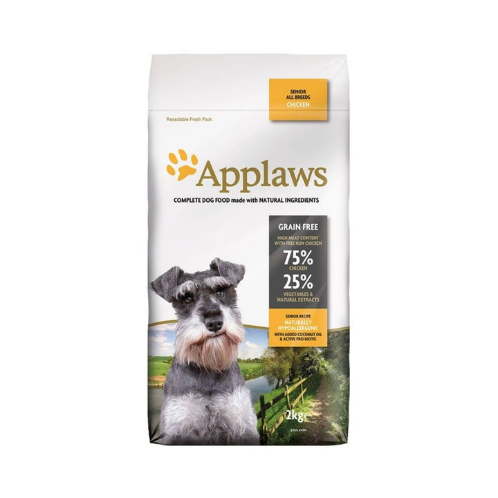 Front view of Applaws Chicken Senior All Breeds Dry Dog Food 7.5kg bag with premium grain-free formula and high protein content. 7.5kg