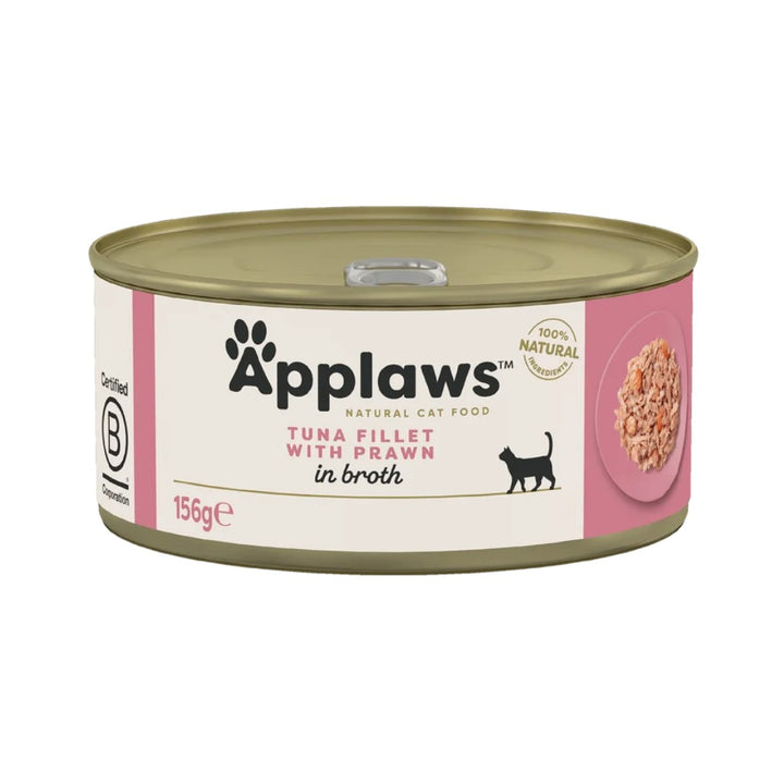 Applaws Tuna Fillet with Prawn Wet Cat Food – 156g tin with visible chunks of tuna fillet and prawns, ideal for all cat breeds.