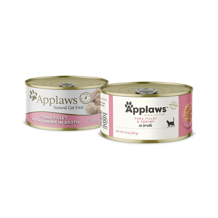 Applaws Tuna Fillet with Prawn Wet Cat Food – 156g tin with visible chunks of tuna fillet and prawns, ideal for all cat breeds.