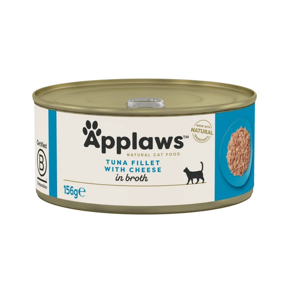 Applaws Tuna with Cheese Wet Cat Food – 156g tin showing visible chunks of tuna and cheese, suitable for all cat breeds.