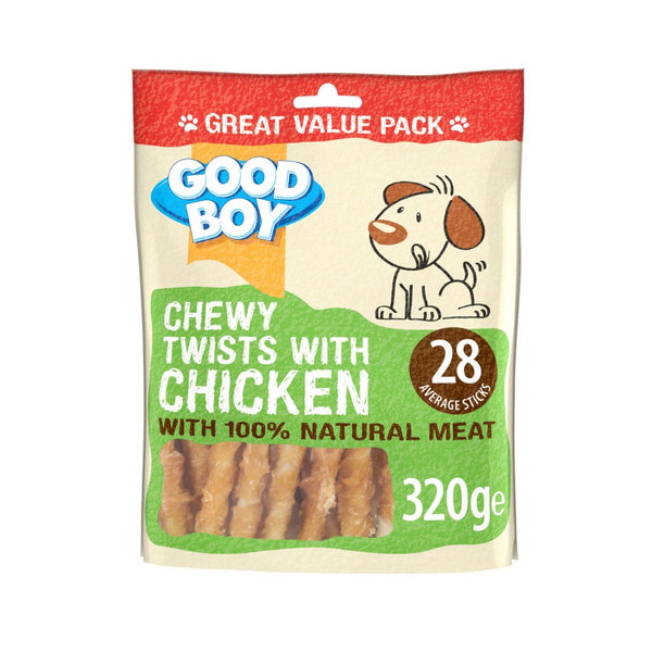 Armitage Chewy Chicken Twists, a value pack of dog treats weighing 320g. These treats are made with 100% natural human-grade meat, specifically chicken breast.