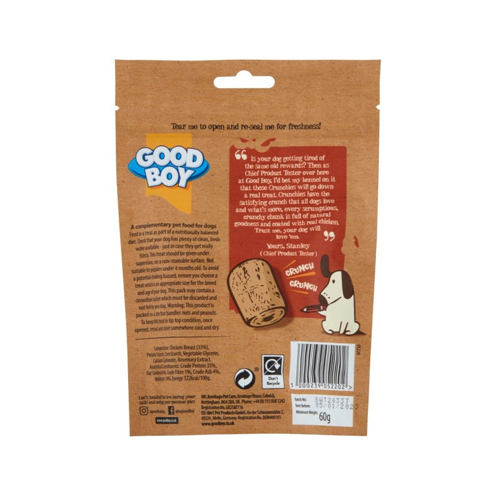 Indulge your furry friend with Armitage Goodboy Crunchies Chicken 60g Dog Treats. These tasty treats are packed with meaty chunks and have a satisfying crunch - Back.