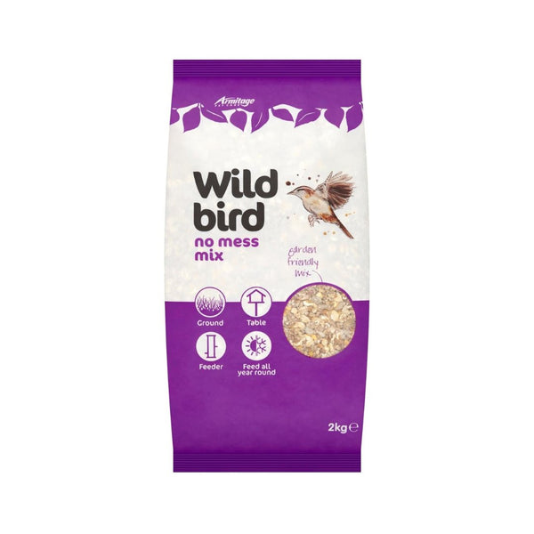 Armitage No Mess Seed Mix, weighing 2 kg. This mix is perfect for all wild birds and can be fed yearly. 