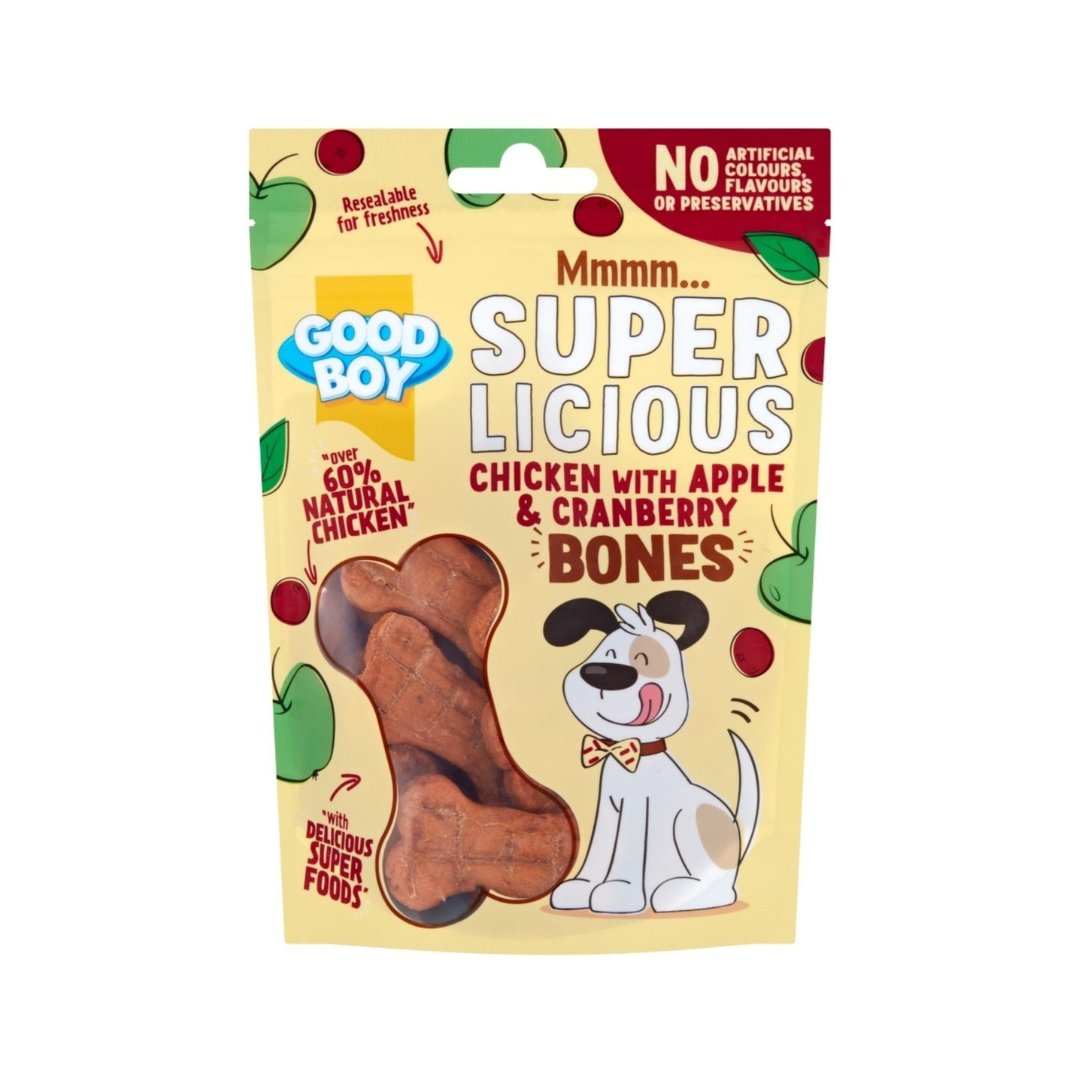 Super Licious Chicken with Apple & Cranberry Bones 100g Dog Treats - a delicious and healthy snack for your furry friend.