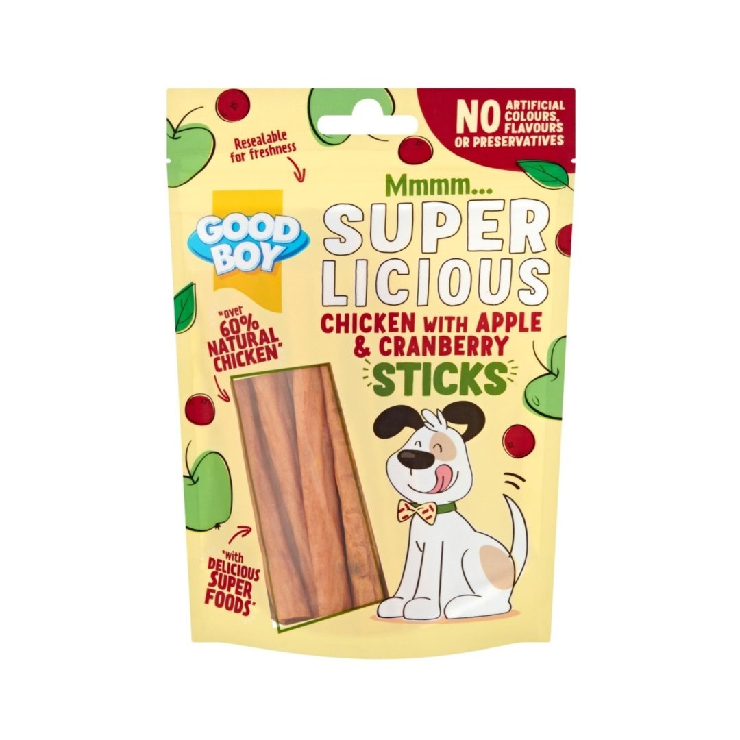 Armitage Goodboy Super Licious Chicken with Apple & Cranberry Sticks dog treats, weighing 100g. 
