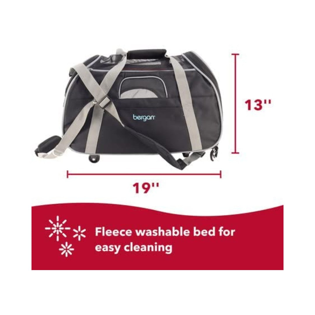 Bergan Wheeled Comfort Pet Carrier IATA-Approved - Black carrier with tan interior, perfect for pets up to 22 lbs. - Carrier Size