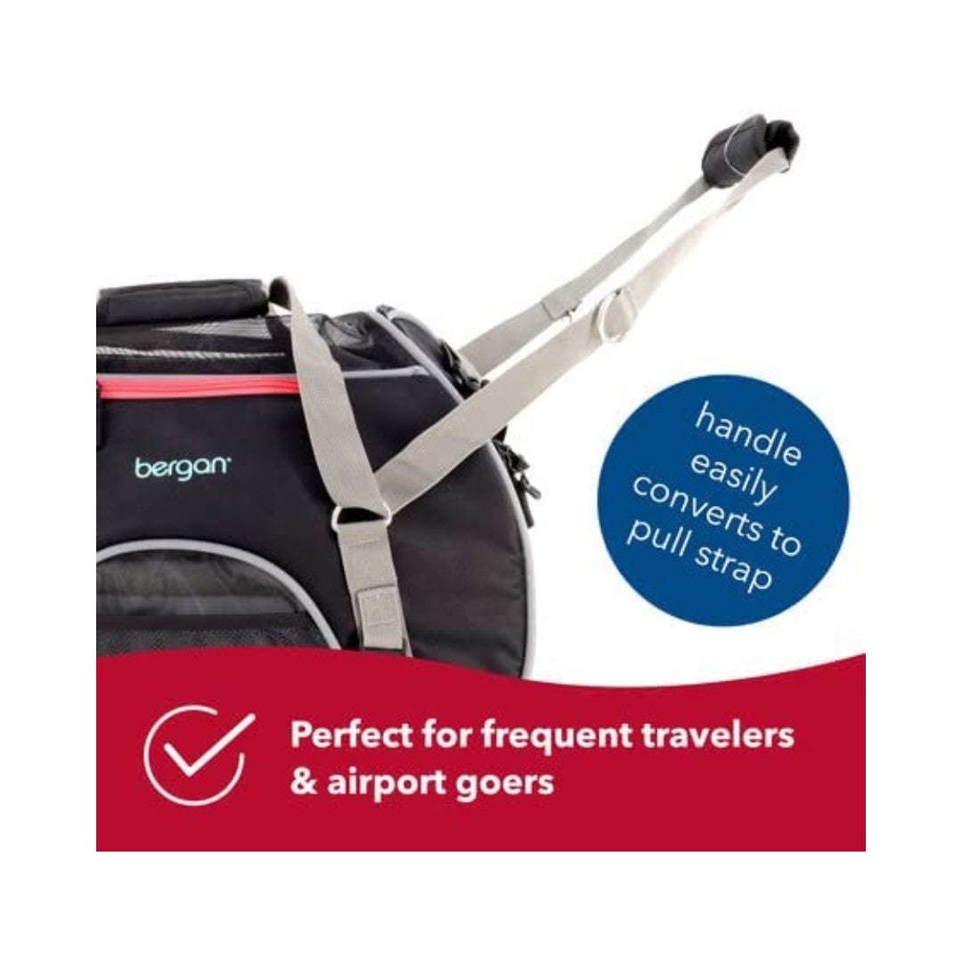 Bergan Wheeled Comfort Pet Carrier IATA-Approved - Black carrier with tan interior, perfect for pets up to 22 lbs. With Handle