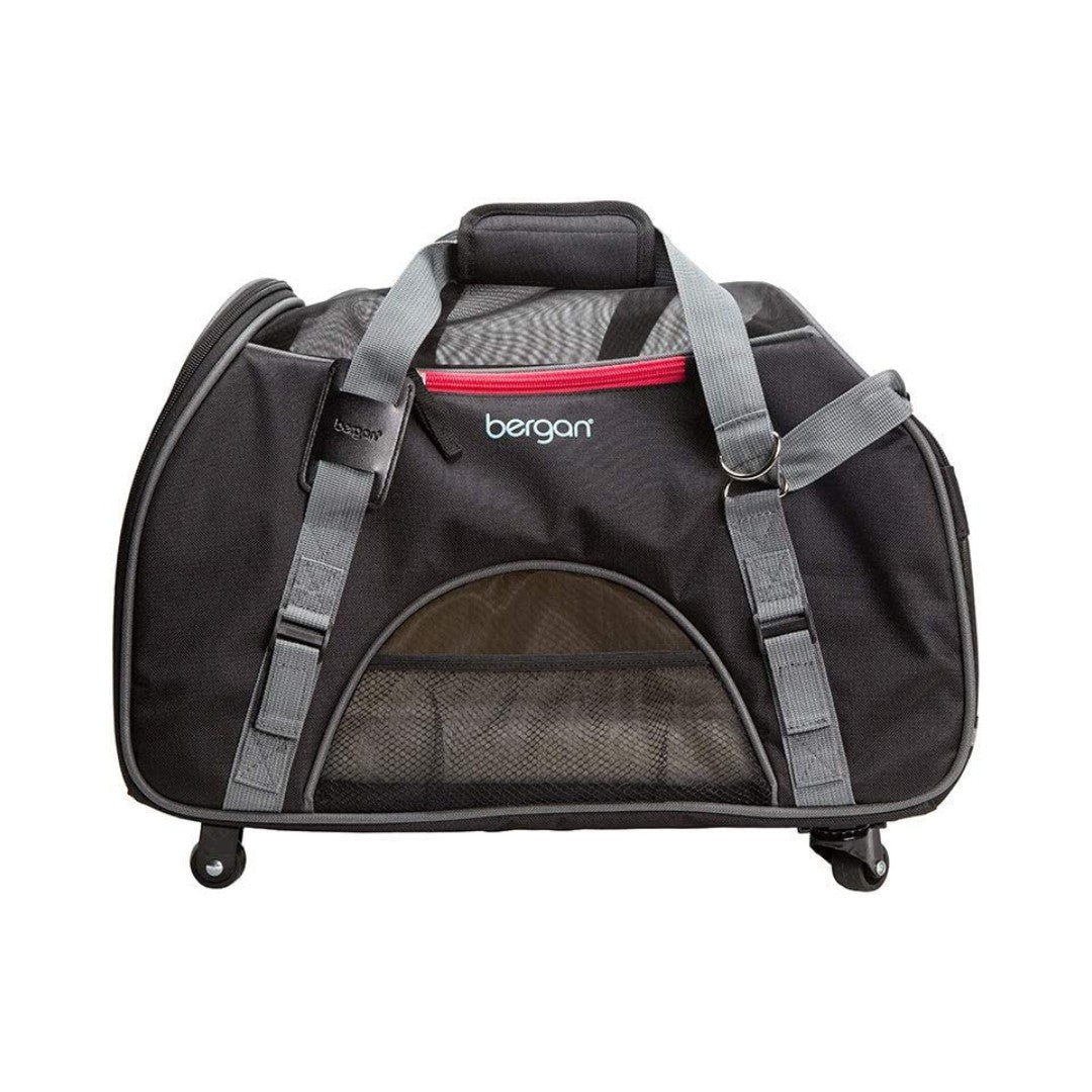 Bergan Wheeled Comfort Pet Carrier IATA-Approved - Black carrier with tan interior, perfect for pets up to 22 lbs.