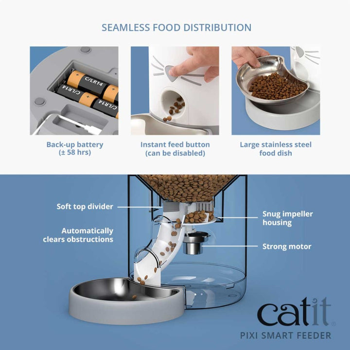 The Catit Pixi Smart Dry Food Feeder for Cats ensures your cat receives the ideal amount of food at the appropriate time. You can schedule meals using the app - How to use.