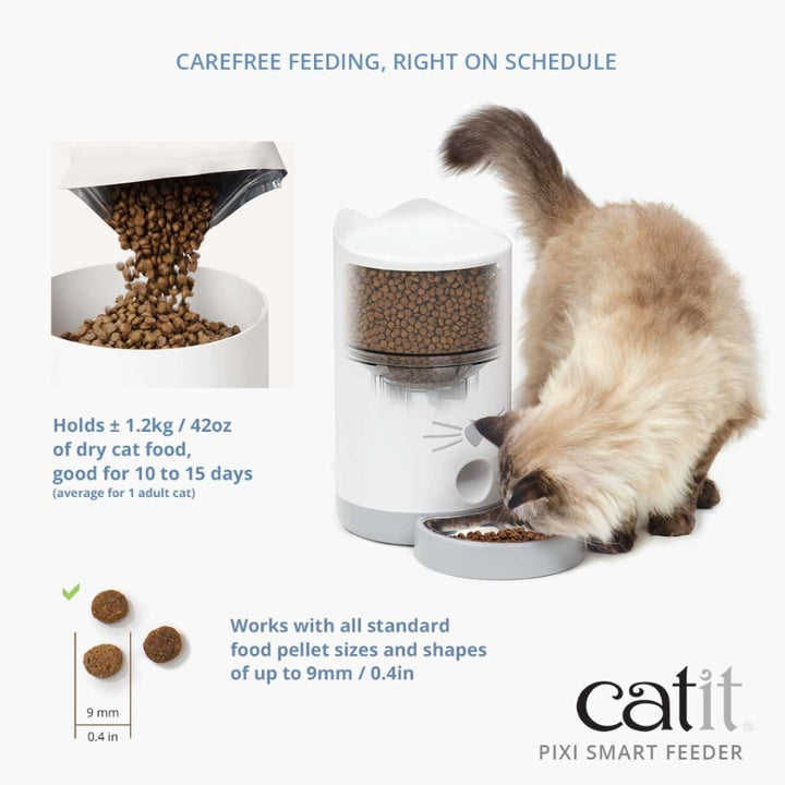 The Catit Pixi Smart Dry Food Feeder for Cats ensures your cat receives the ideal amount of food at the appropriate time. You can schedule meals using the app Schedule.