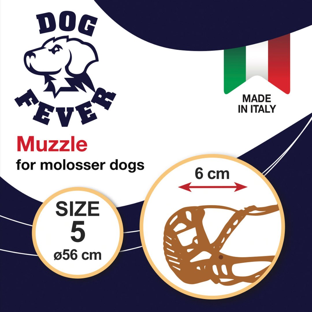 Dog Fever Muzzle leather band and plastic basket. It's specially designed for molosser dogs and made of durable, resistant plastic. Ideal for Boxers, Bullmastiffs, and other breeds with short and thick snouts - 5cm.