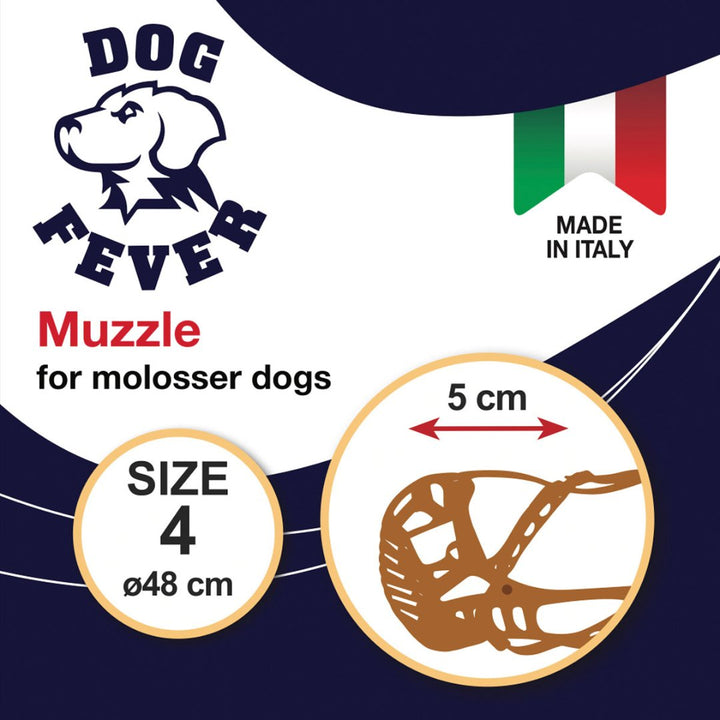 Dog Fever Muzzle leather band and plastic basket. It's specially designed for molosser dogs and made of durable, resistant plastic. Ideal for Boxers, Bullmastiffs, and other breeds with short and thick snouts - 4cm.