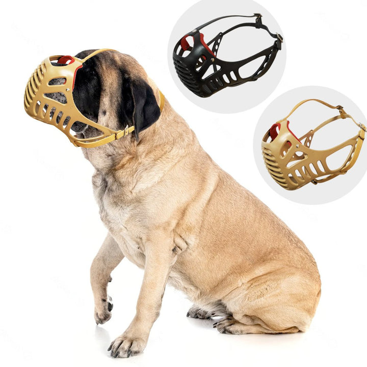 Dog Fever Muzzle leather band and plastic basket. It's specially designed for molosser dogs and made of durable, resistant plastic. Ideal for Boxers, Bullmastiffs, and other breeds with short and thick snouts.