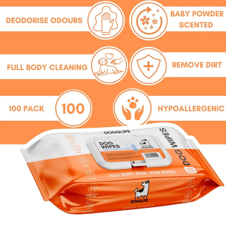 DogsLife Scented Baby Powder Grooming Dog Wipes 100pcs - Your Pet's Ultimate Grooming Solution!