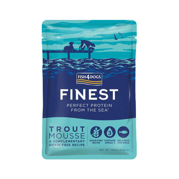 Fish4Dogs Finest Trout Mousse for Dogs. Natural gourmet wet treat is made from fresh Trout and Seaweed Extract, making it a luxurious and healthy option for your furry friend.
