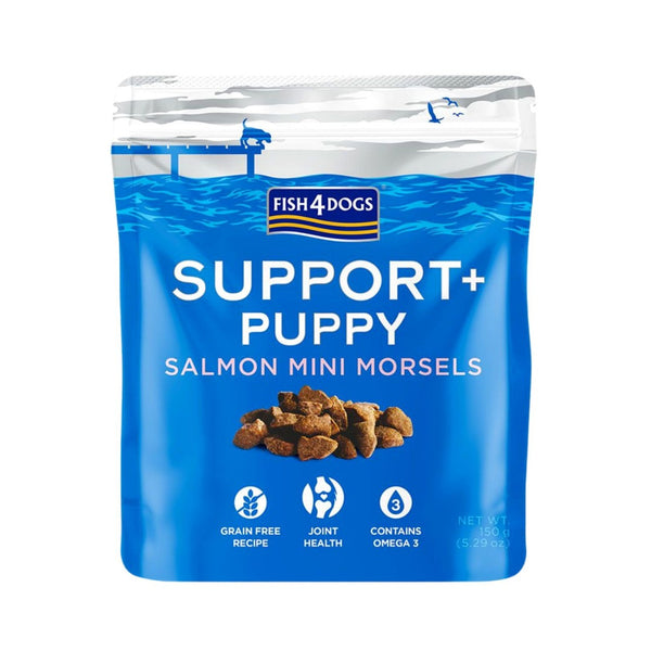 Fish4Dogs Support+ Puppy Salmon Mini Morsels Dog Treat 150g. They are offering natural salmon sourced from sustainable fisheries.