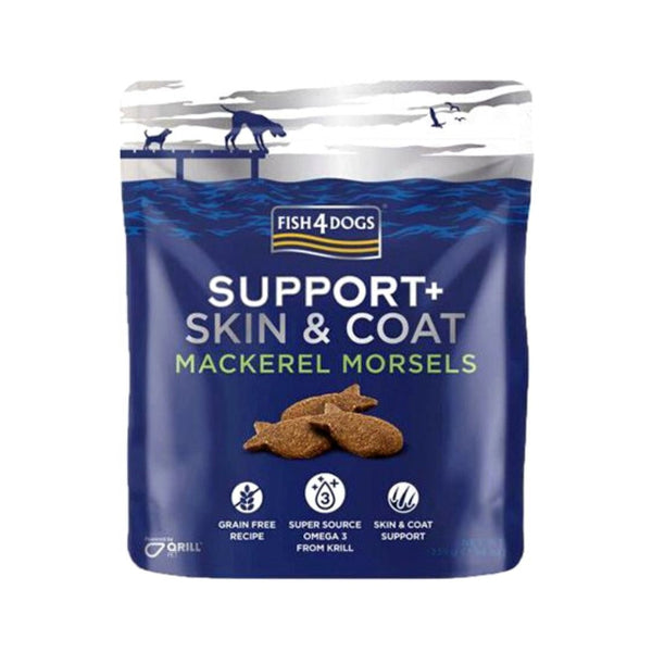 Fish4Dogs Support+ Skin & Coat Mackerel Morsels dog treat. These fish-based biscuits are made with tasty mackerel and contain beneficial omega-3 to support skin and coat health.