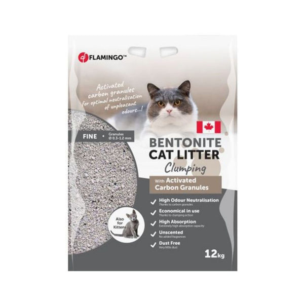 Front view of Flamingo Bentonite Activated Carbon Granules Clumping Cat Litter 12kg bag showcasing advanced odor control and clumping formula.