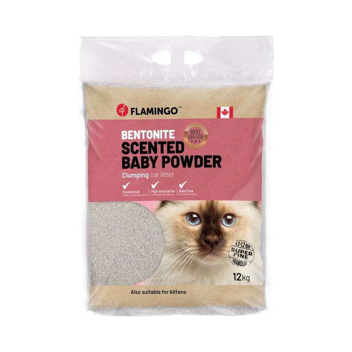 Front view of Flamingo Bentonite Scented Baby Powder Clumping Cat Litter 12kg bag with premium features for odor control and easy cleaning.