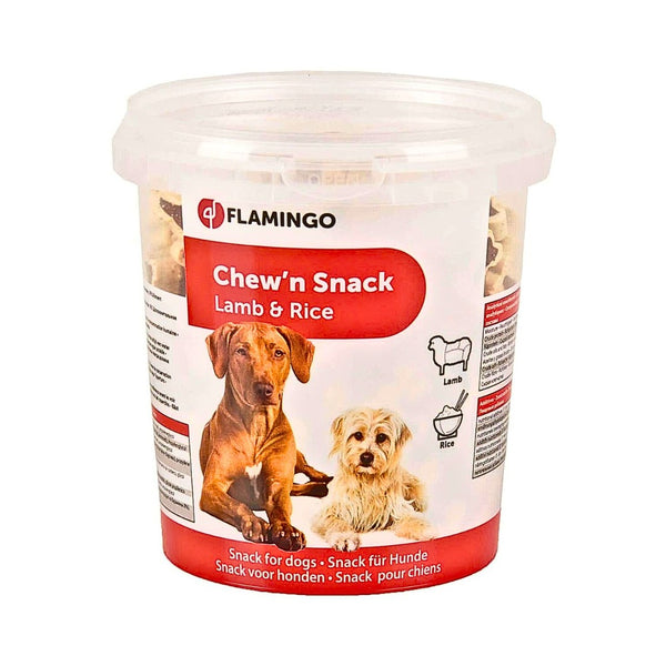 The Flamingo Chew'n Snack Lamb & Rice Dog Treats weighing 500g is a complementary dog feed and treats. 