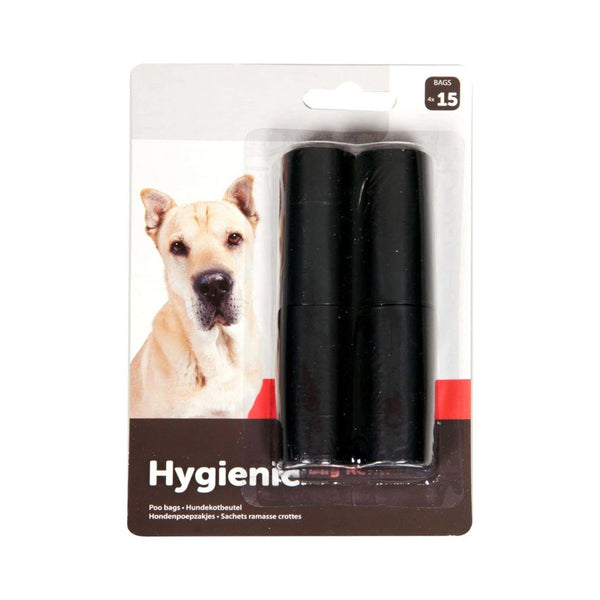 Flamingo Hygienic Dog Poo Bags Refill - Pack of 4 rolls containing 15 bags per refill, made from durable PE plastic material. Front Box