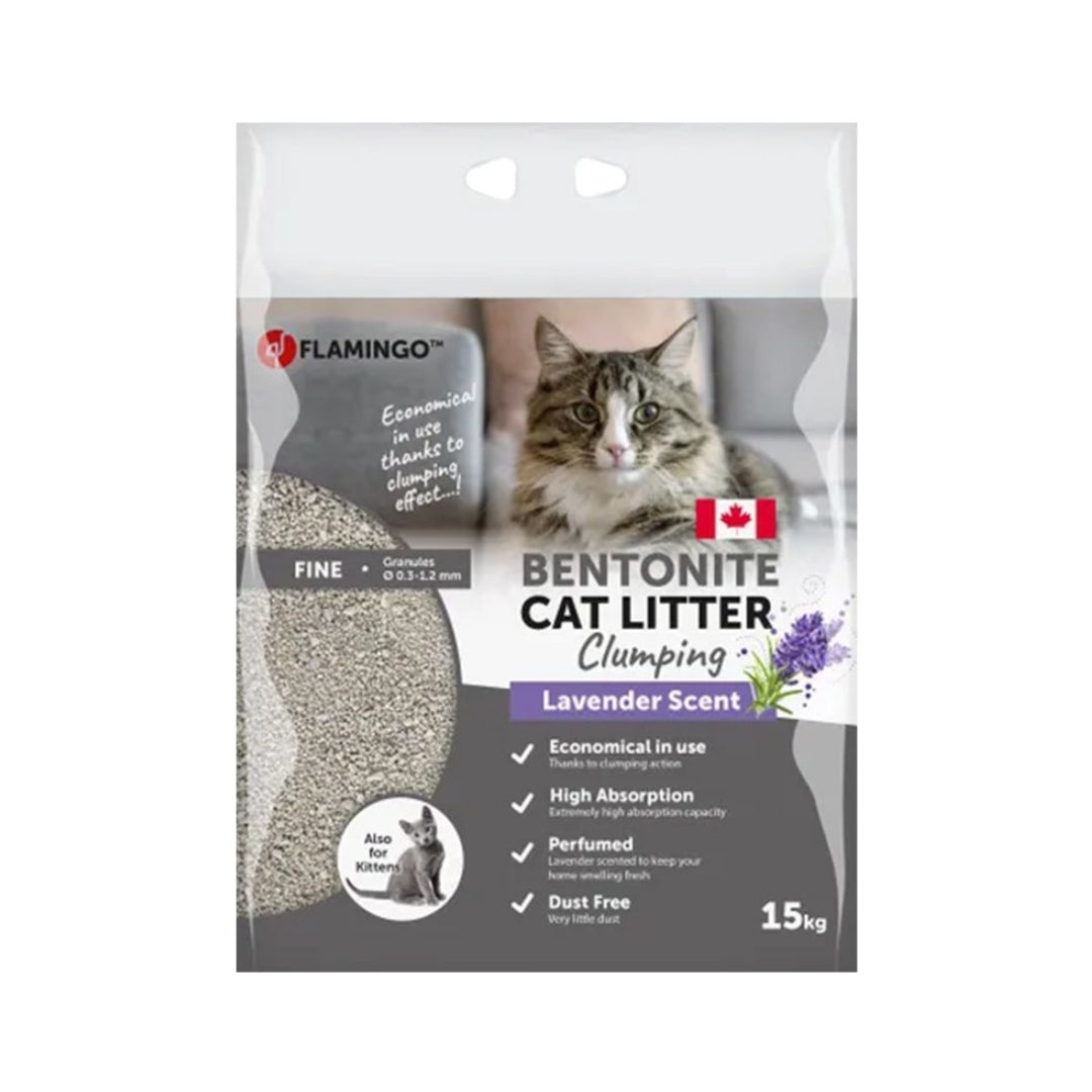  Flamingo Lavender Scent Cat Litter - 15kg bag of lavender-scented cat litter with 350% absorption capacity. Front Bag