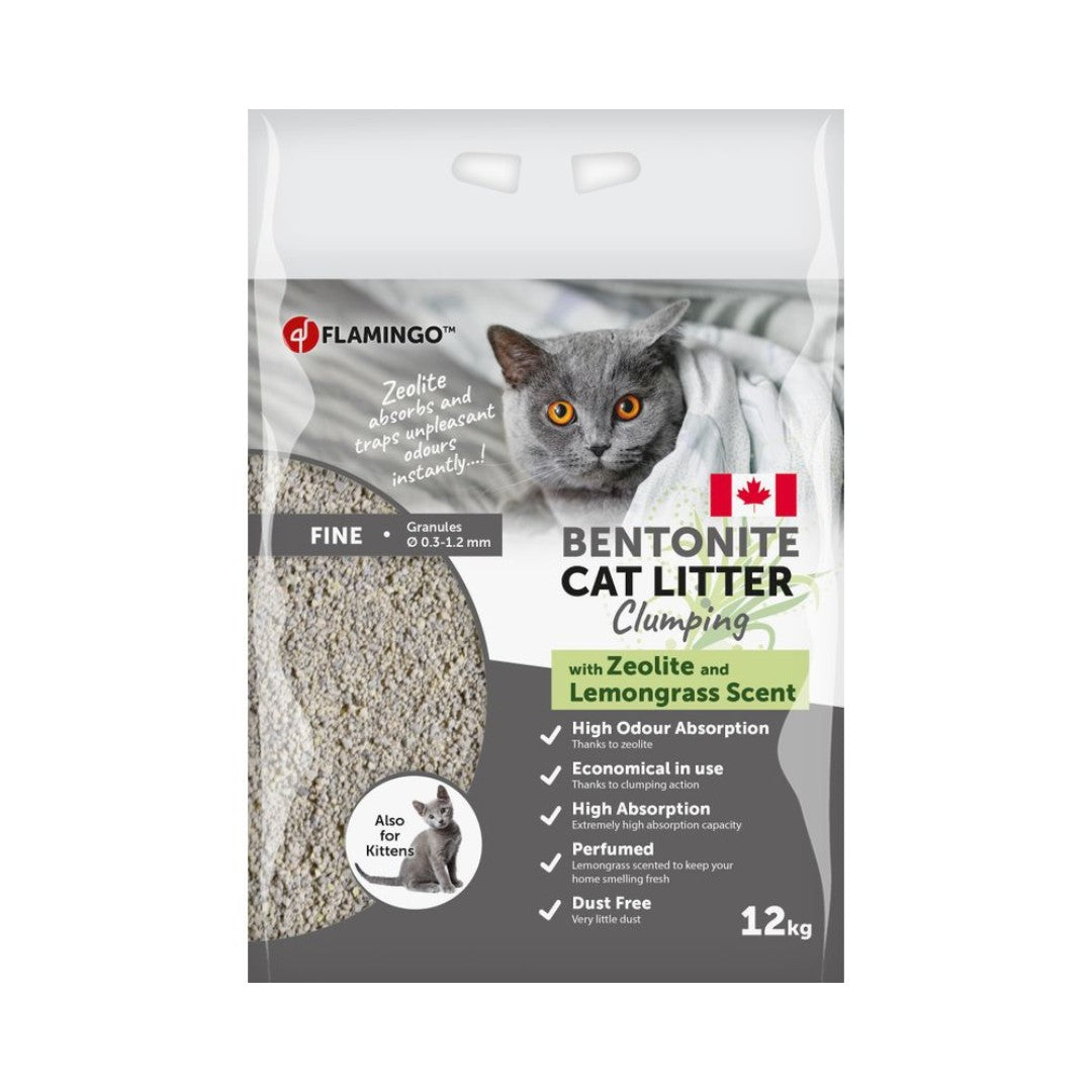  Flamingo Bentonite Zeolite & Lemongrass Clumping Cat Litter - 12kg bag with green zeolite and lemongrass scent for superior odor control and cleanliness. - Front Bag