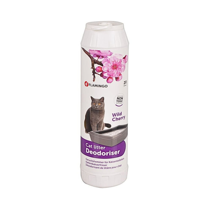 Flamingo Litter Deo Wild Cherry Cat Litter Deodorizer helps reduce cat litter odor and leaves the area smelling li