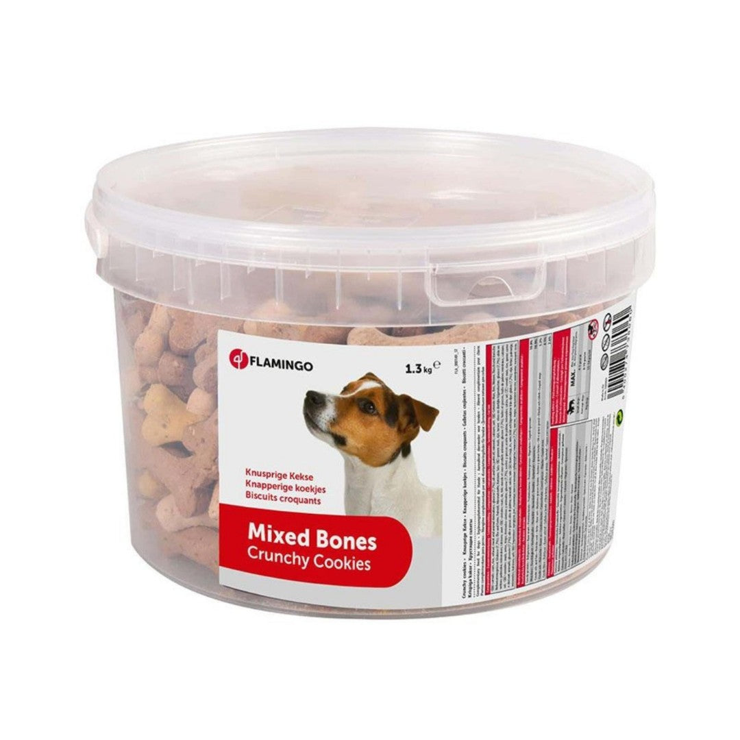 Flamingo Mixed Bones Dog Treats are a great addition to your dog's daily diet. They are tasty and can be used as a treat between meals or as training treats 1.3kFlamingo Mixed Bones Dog Treats - Delicious and Nutritious Treats for Dogs of All Breeds and Life Stages. Front Box