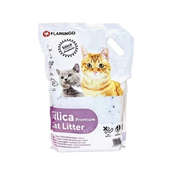 Flamingo Percato Premium Silica Cat Litter in a stand-up bag with a handle.