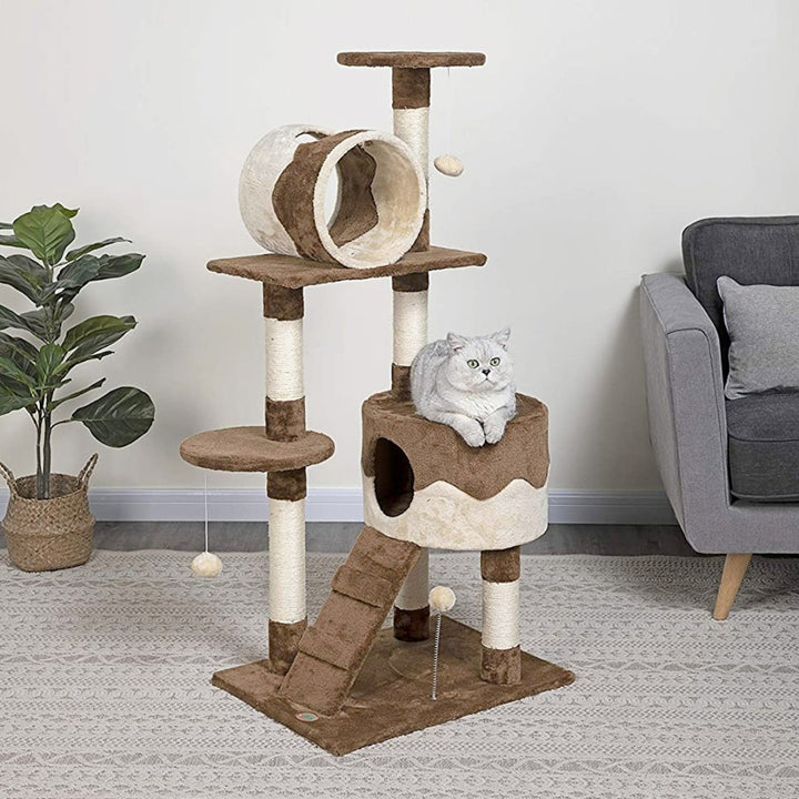 Go Pet Club Cat Tree Condo, the stylish and functional piece, is compact yet complete with a condo, upper-level tunnel, and dangling balls with scratching posts Full.