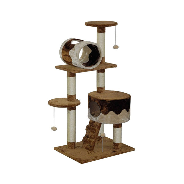 Go Pet Club Cat Tree Condo, the stylish and functional piece, is compact yet complete with a condo, upper-level tunnel, and dangling balls with scratching posts.