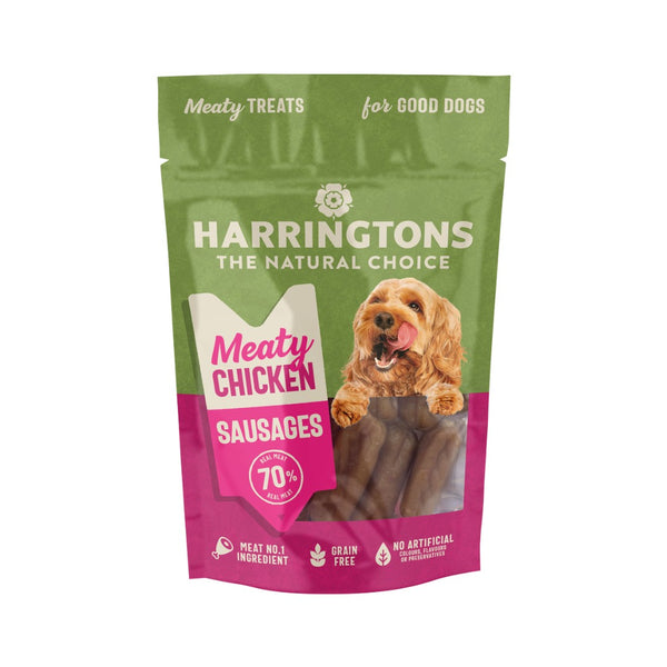 Harringtons Chicken Sausage High Meat Dog Treats Our meaty chicken sausages are the perfect tasty and nutritious treat for all dogs aged 8 weeks and over.