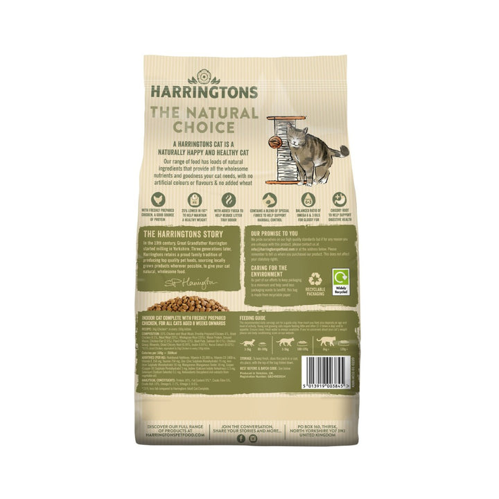Harringtons Complete Chicken Indoor Dry Cat Food provides balanced nutrition for adult cats and is made without artificial colors, flavors, dairy, soya, or wheat Back Bag.