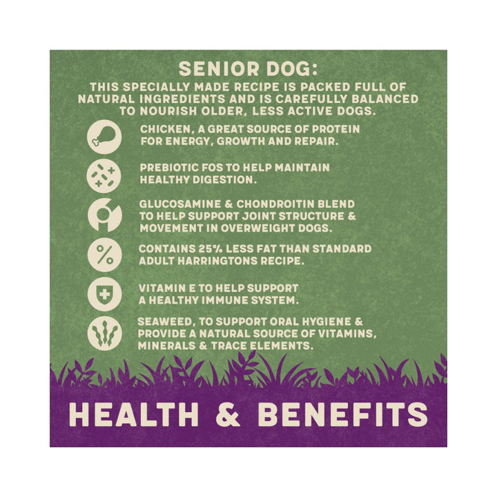 Harringtons Complete Chicken Rice Senior Dog Dry Food - a complete dry dog food made with more freshly prepared meat ingredients than ever before Benefits.