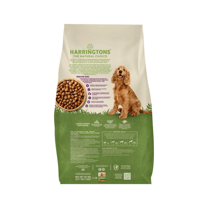 Harringtons Complete Chicken Rice Senior Dog Dry Food - a complete dry dog food made with more freshly prepared meat ingredients than ever before Back Bag.