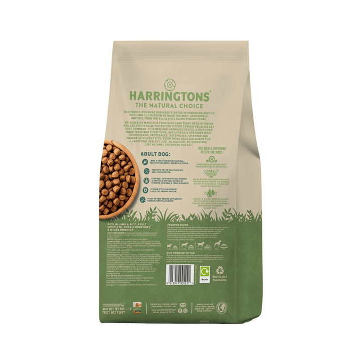 Harringtons Rich in Lamb & Rice is a dry dog food with natural ingredients that offer complete and wholesome nutrition suitable for dogs aged eight weeks and older Back Bag.