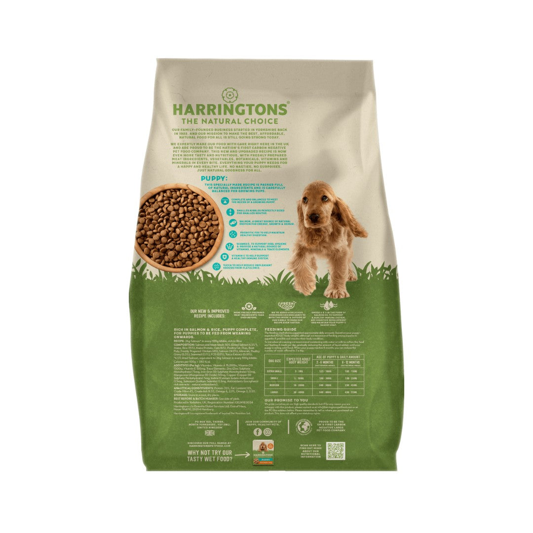 Harringtons Complete Salmon & Rice Puppy Dry Food - a specially crafted recipe full of natural ingredients that are perfectly balanced and complete for growing pups Back bag.
