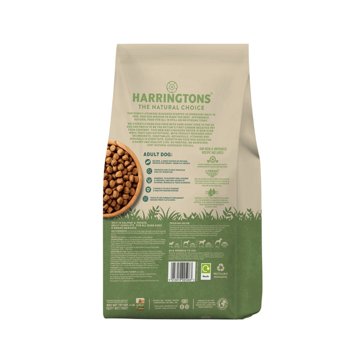 Harringtons Complete Salmon and Potato Dry Dog Food is a wholesome, all-natural dry dog food suitable for dogs eight weeks and older Back Bag.