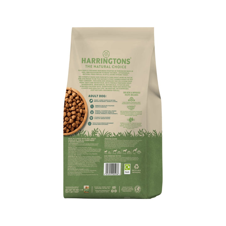 Harringtons Complete Turkey Veg Adult Dry Dog Food Suitable for dogs from 8 weeks onwards, this carefully formulated food is made with all-natural ingredients Bach bag. 