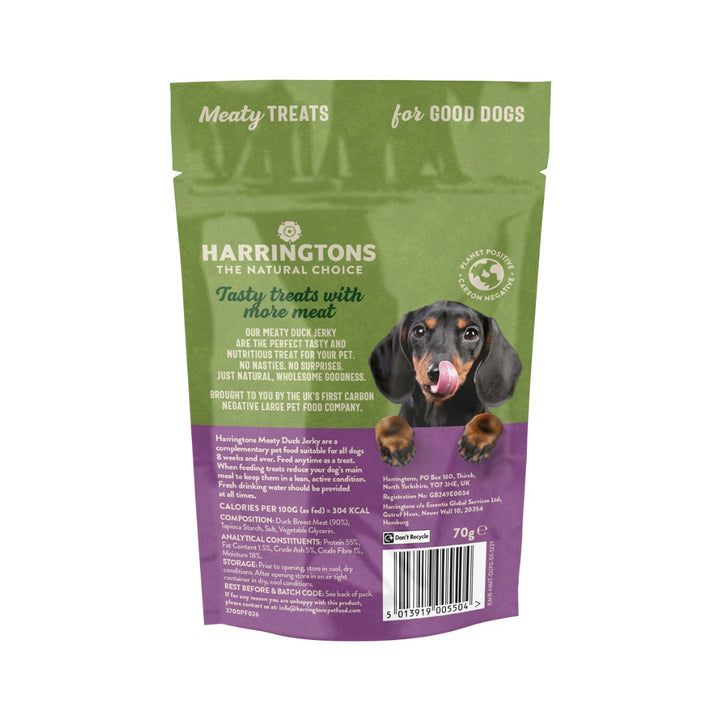 Harringtons Duck Jerky High Meat Dog Treats Our meaty duck jerky is the perfect tasty and nutritious treat for all dogs aged 8 weeks and over Back.