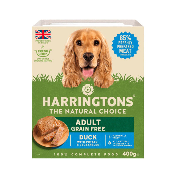 Harrington's Grain-Free Wet Dog Food with Duck, Potato, and Vegetables - a delicious and nutritious meal that your dog will love.