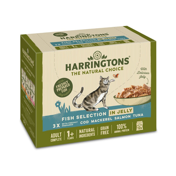 Harringtons Fish in Jelly Wet Cat Food For those cats who love a taste of the ocean. It is made with four varieties of freshly prepared fish ingredients.