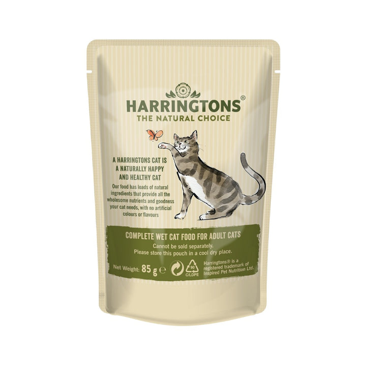 Harringtons Meat in Jelly Wet Cat Food is made with four types of freshly prepared meat ingredients and includes a variety of tasty meals, all set in a delicious jelly Back.