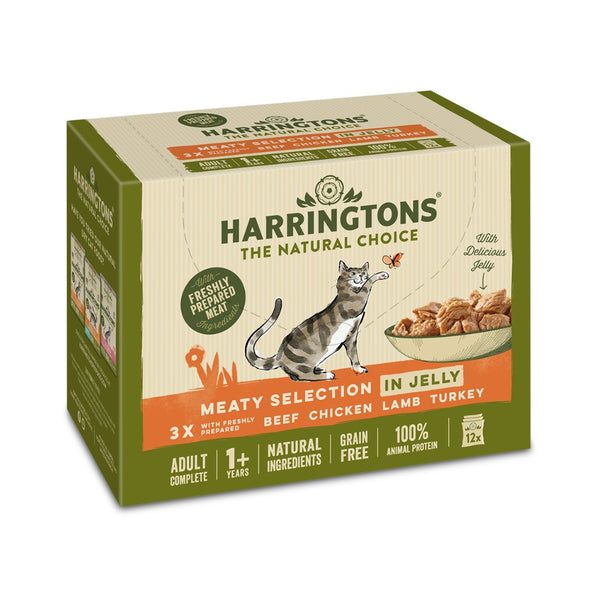 Harringtons Meat in Jelly Wet Cat Food is made with four types of freshly prepared meat ingredients and includes a variety of tasty meals, all set in a delicious jelly.